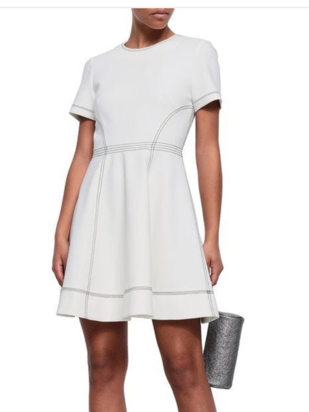 cinq à sept White Short-Sleeve A-Line Dress with Contrast Stitching size 2